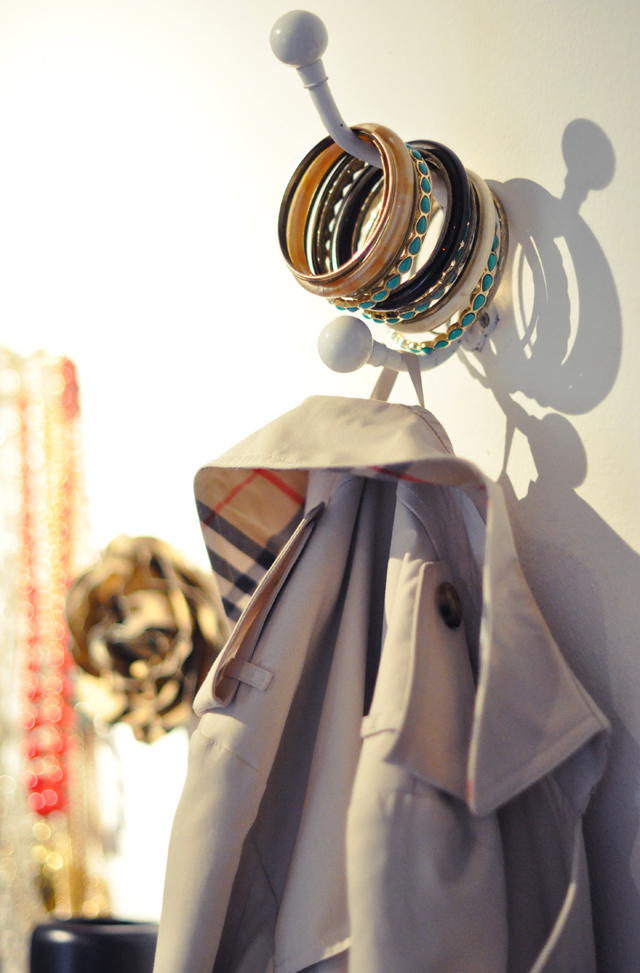 burberry trench and bangles on a hook