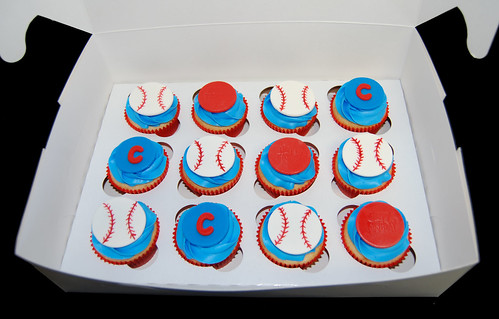 blue and red baseball themed birthday cupcakes