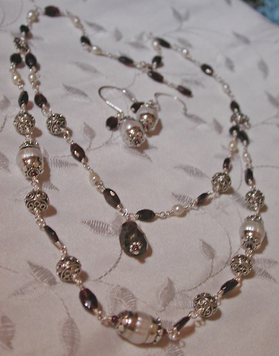 Bali Silver, Garnet, and Pearl Necklace and Earrings