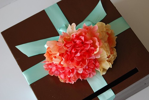 Using full peonyesque blooms and a chocolate box with Tiffany Blue ribbon 