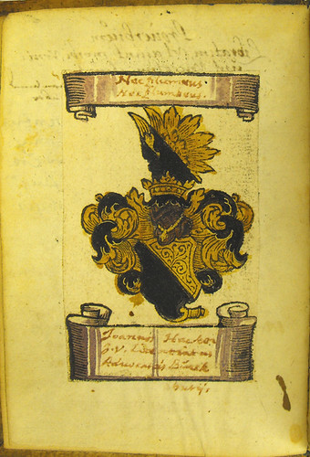Hand coloured woodcut armorial shield in Thomas à Kempis: Imitatio Christi