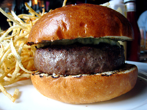 Chargrilled Burger with Roquefort Cheese & Shoestrings