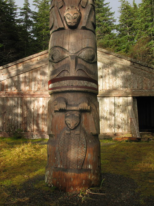 sunlight hits Chief Son-i-Hat's Whale House, Kasaan Totem Park, Kasaan, Alaska