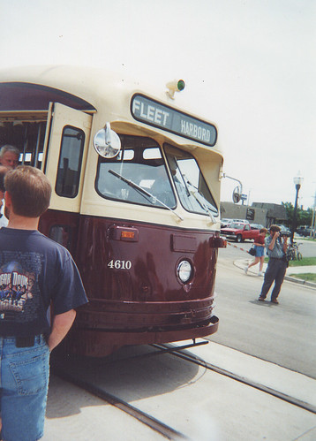 A former Toronto Transit Commision 1951 PCC electric streetcar in downtown Kenosha Wisconsin. Saturday, June 17th 2000.