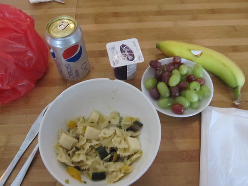 Primavera pasta and yogourt from home, fruit from the bistro, soda ($1.25)