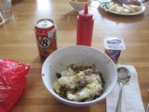 Sheppard's pie and yogurt from home, V8 from Pasta café, $1.90