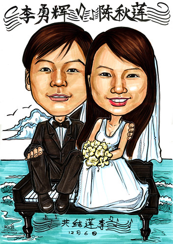 Wedding couple caricatures on grand piano A4