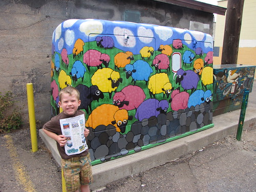 Benjamin finding his favorite "mural" on the art walk in Fort Collins