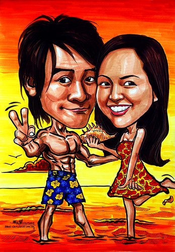 Couple caricatures at sunset beach