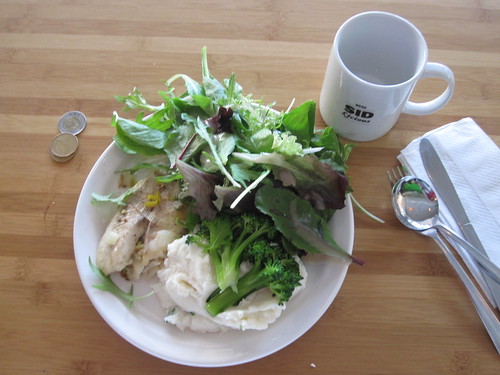 fish, mashed potatoes, broccoli, salad - $6