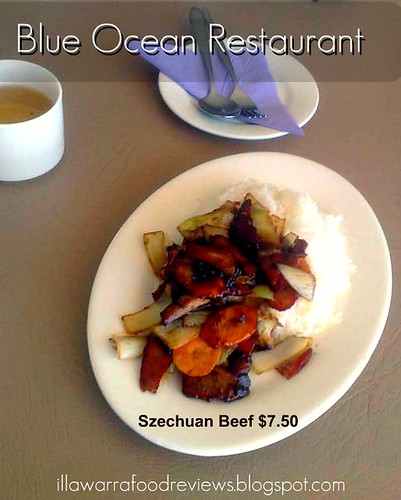 Illawarra Food Reviews: Szechuan Beef with boiled rice $7.50 from Blue Ocean by you.