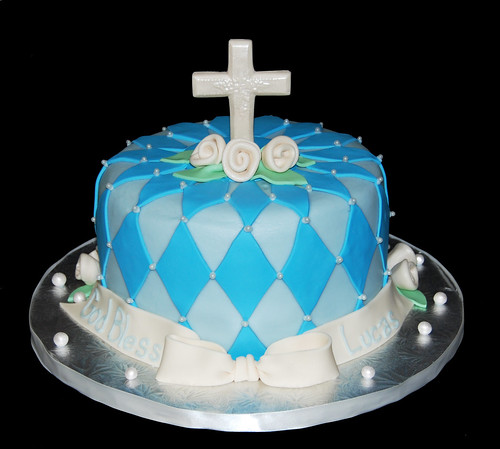 Baby Lucas Blue and Cream Baptism Cake Cross front view