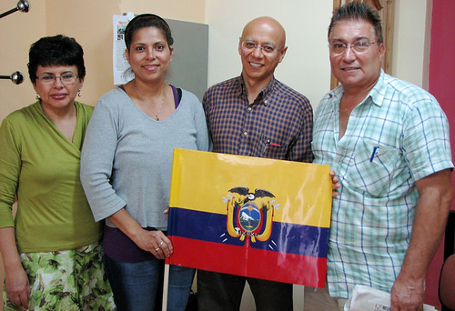 Sandra Bustamante, 2nd from left, with Oscar Jara at the SENAMI office in Madrid. (Photo: Jelena Kopanja)