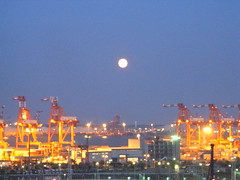 The moon over the cranes of Tokyo Bay