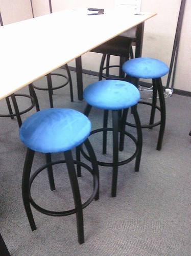 Ptw Stools in our "Think Tank" recovered with blue fabric to look m ore like (M) Blue Dots