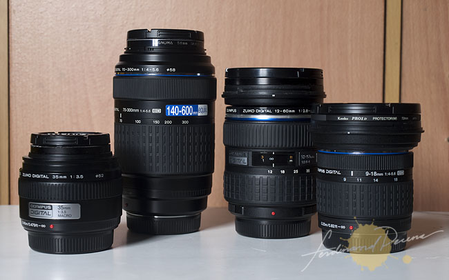 Zuiko Lenses I would bring: (l-r) 35mm Macro, 70-300mm, 12-60mm and 9-18mm