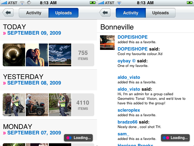 Recent Uploads and Activity on the new Flickr iPhone App