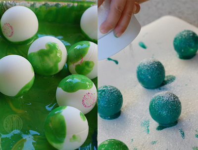 painting ping pong balls green