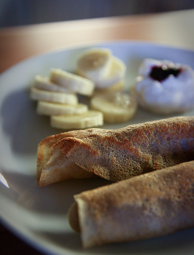 Apple Crepes with Soy Yogurt, Bananas and Blackberry Syrup