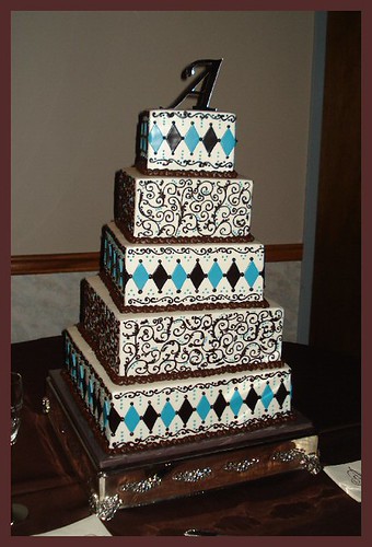Chocolate brown & aqua scrolls/diamonds wedding cake by atasteofwhimsy