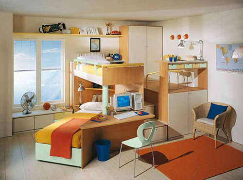 Interior decorating kids bedroom with loft bed, kids furniture