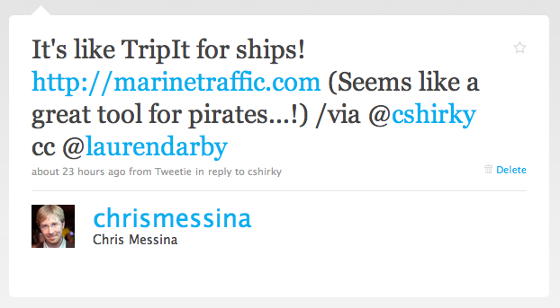 Twitter / Chris Messina: It's like TripIt for ships ...