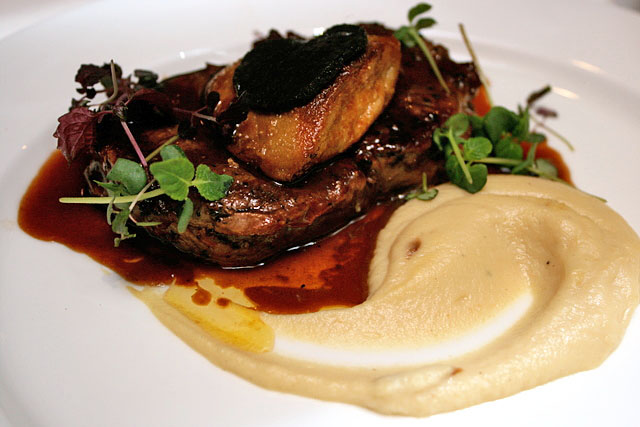 Tenderloin Rossini: Grilled Tenderloin topped with Seared Foie Gras served with Celery Puree and Bordelaise sauce with Sliced Truffle