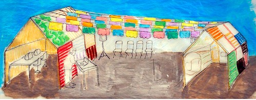 Pilar Aguero-Esparza and H. Dio Mendoza. Drawing of temporary home constructed out of recycled materials for ZER01 at the Mariachi Festival. 