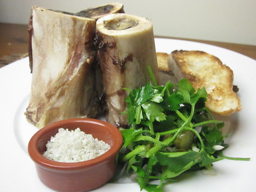 Roasted Beef Bone Marrow with Toast and Parsley Salad