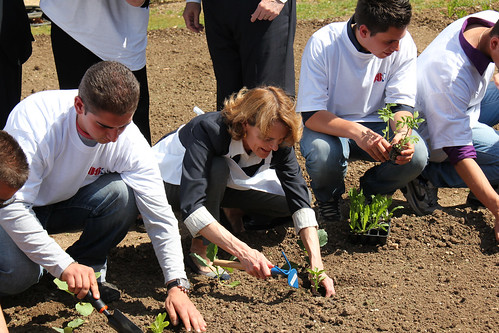 Rose Thorne assists the students in planting seedlings in the “Villa Taverna Orto.”