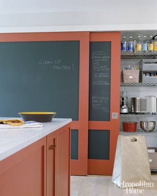 Chalkboard paint + red + white kitchen: Farrow & Ball 'Blazer,' from Met Home by xJavierx.
