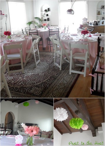 Pretty in pink table cloths and napkins are paired with Gerbera daisy 