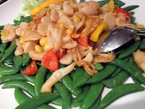 Stir Fry Snow Peas topped with clam meat