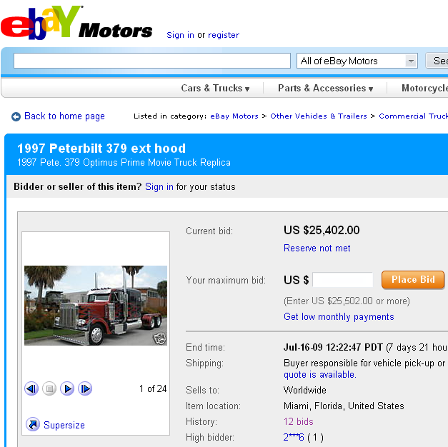Thumb Se subasta el camión Peterbilt de Optimus Prime con llamas en eBay