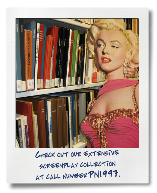 Image of Marilyn Monroe cardboard cutout in the stacks near print scripts (PN1997).