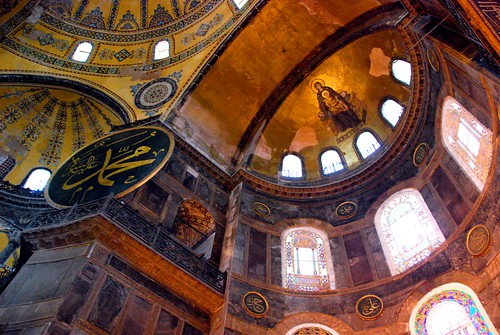 virgin mother and child mosaic in the half dome, haghia sophia (aya sofya), istanbul