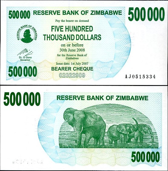 500 000 dolárov Zimbabwe 2007, bearer check