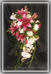 Cascading bouquet: pink lilies, white roses, tree fern, ruscus & lily grass~