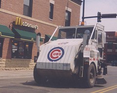 A City of Chicago Department of Streets and Sanitation Elgin Pelican street sweeper vechicle on West Fullerton Avenue near North Halsted Street. Chicago Illinois. September 2002.