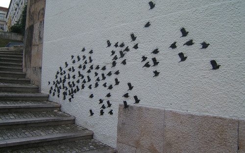 graffiti of a flock of birds in silhouette, seeming to emerge from a curved stone stairway