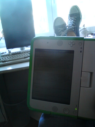 My XO, my feet. my window, my IBM keyboard and my awesome monitor