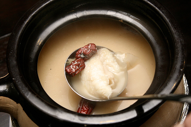 Giant Garoupa "Photophores" soup - a rich, milky broth that's made from boiled bones and scales