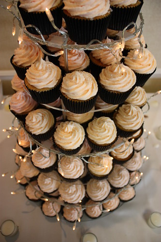 Pink Black Wedding Cupcake Tower with Fairy Lights