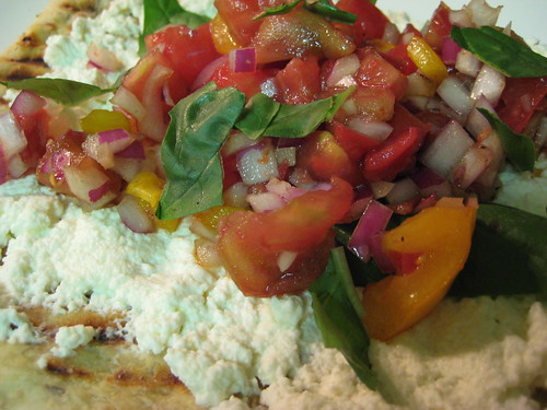 grilled pizza with homemade ricotta and heirloom tomato bruschetta