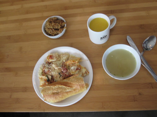 Soup, cheese ravioli, bread, lemonade apple crisps - $6