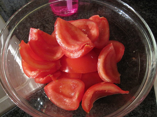 Tomatoes ready to be chopped in Food Processor for Salsa