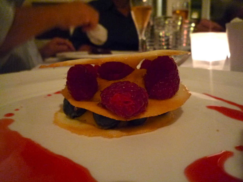 White chocolate mousse, tuille stack, blueberries, raspberries