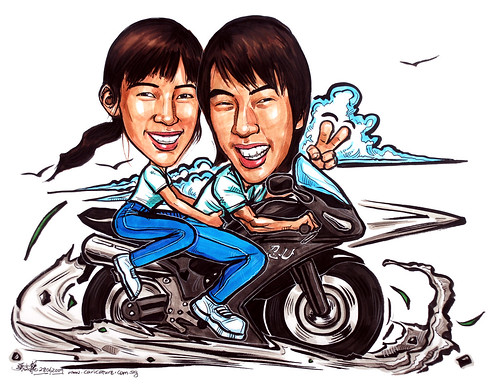 Couple caricatures on motorbike