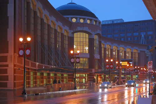 Convention Center, in downtown Saint Louis, Missouri, USA - at dusk in the rain