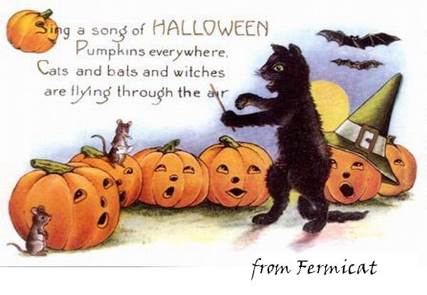 vintage-halloween-black-cat-singing-pumpkins-mice-postcard